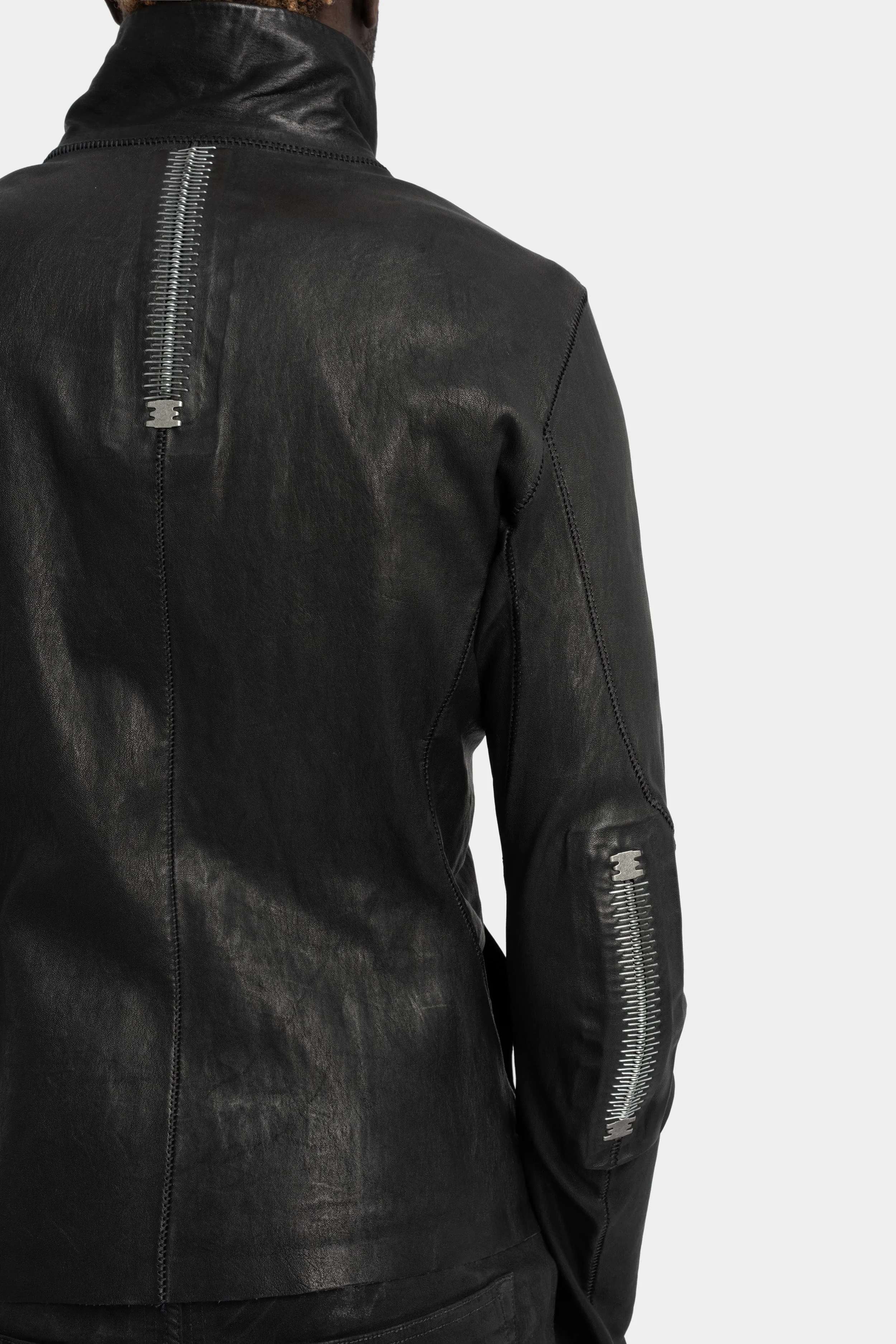 High neck asymmetric leather jacket