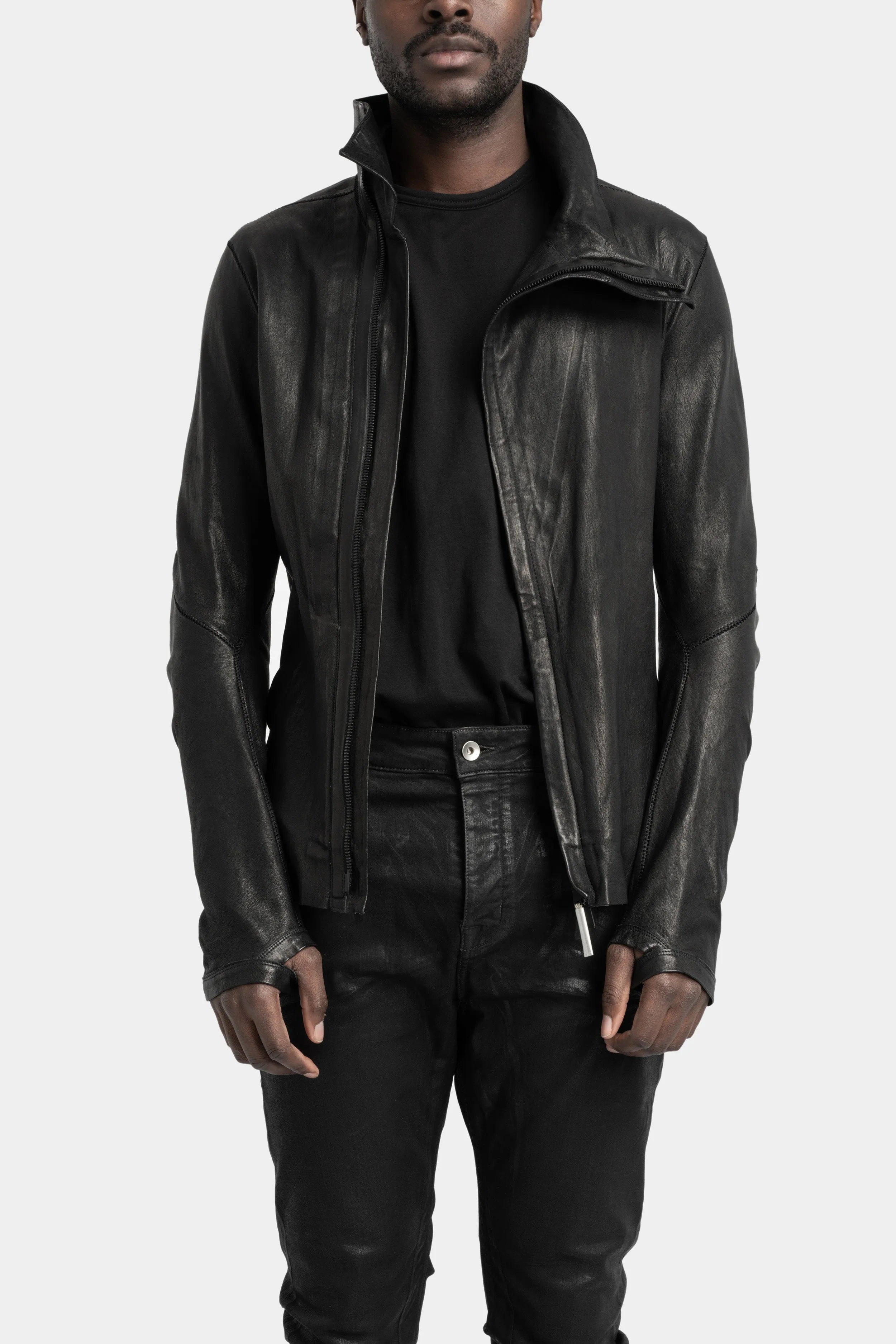 High neck asymmetric leather jacket