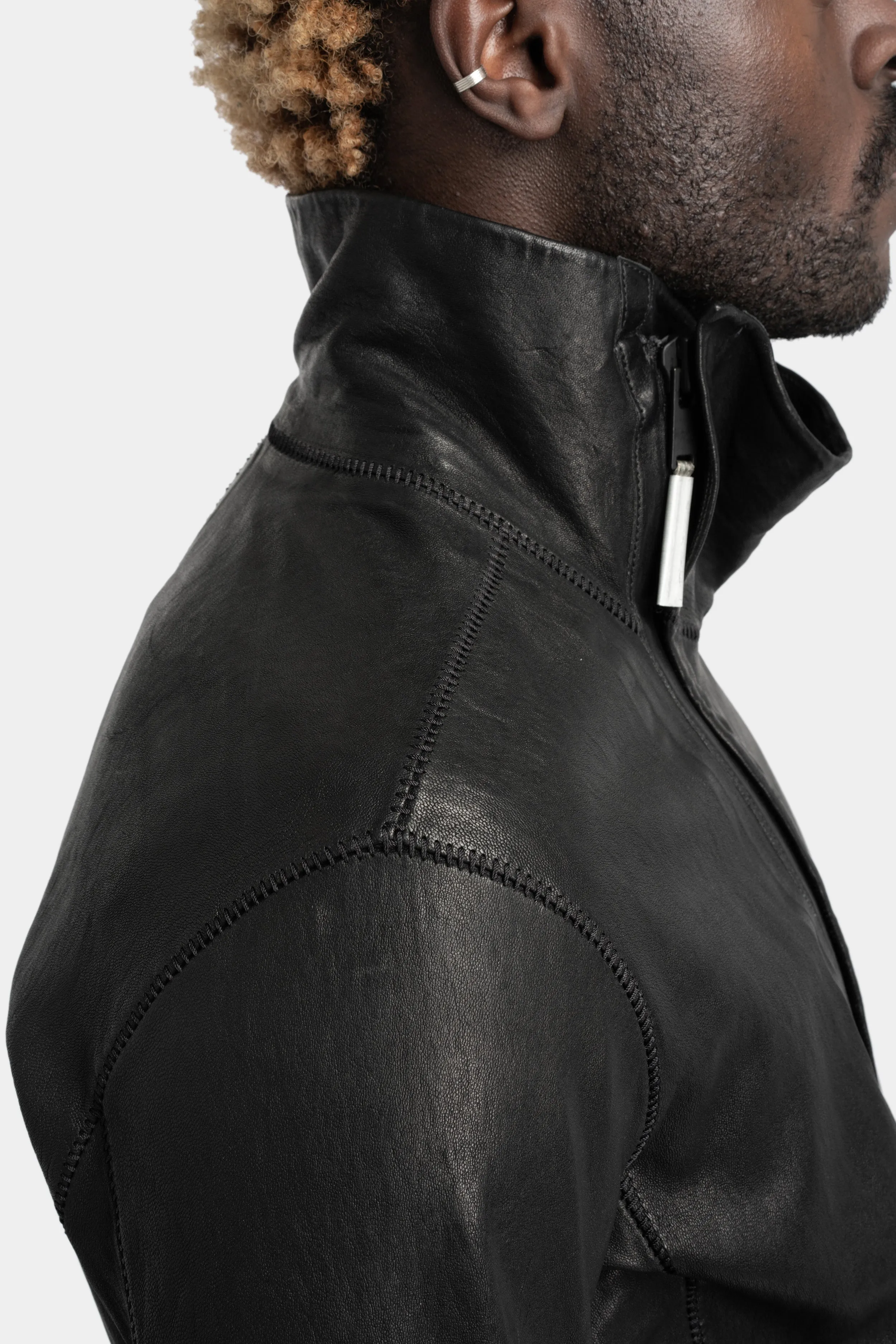 High neck asymmetric leather jacket