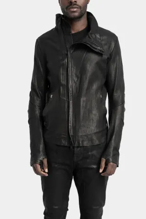 High neck asymmetric leather jacket