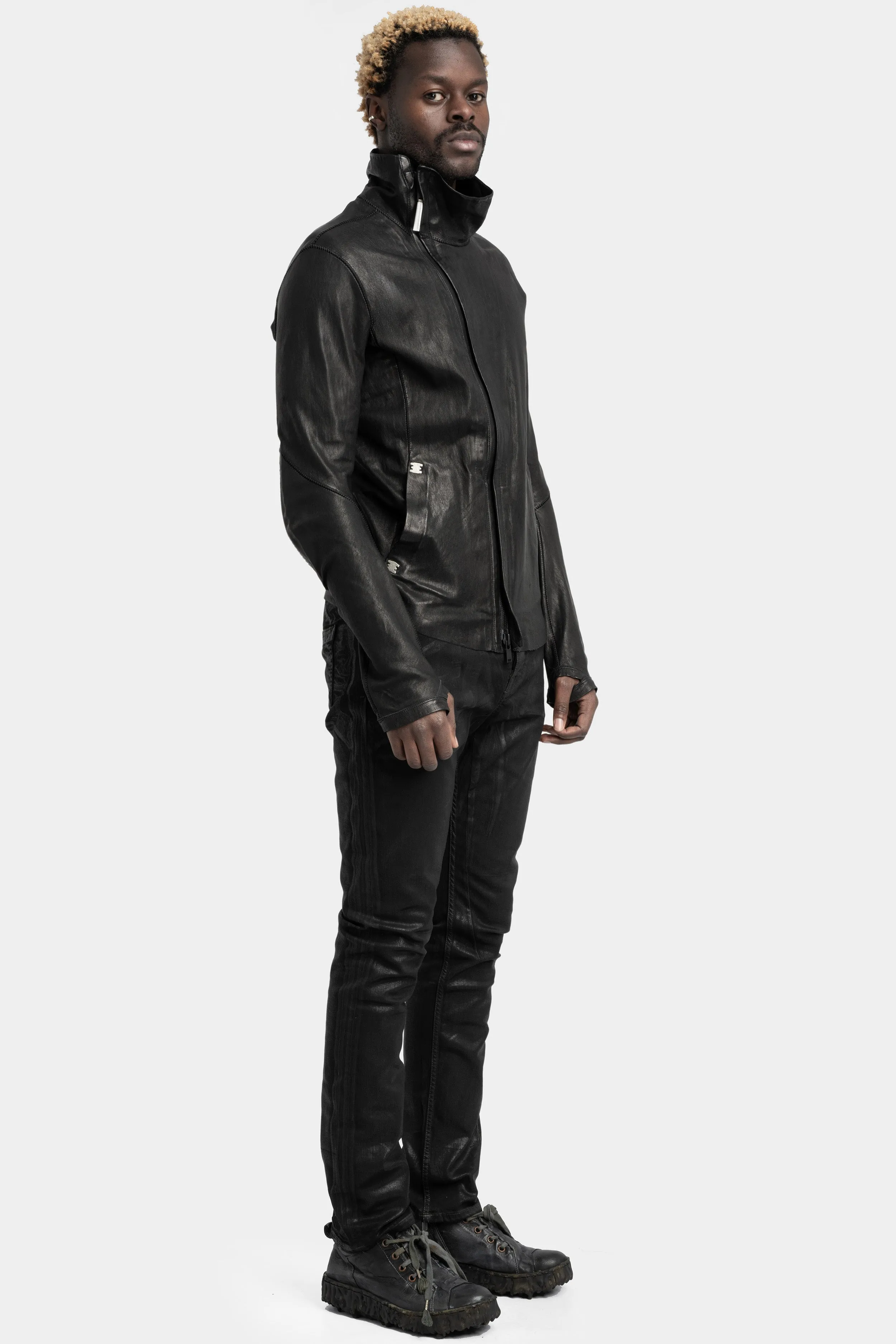 High neck asymmetric leather jacket
