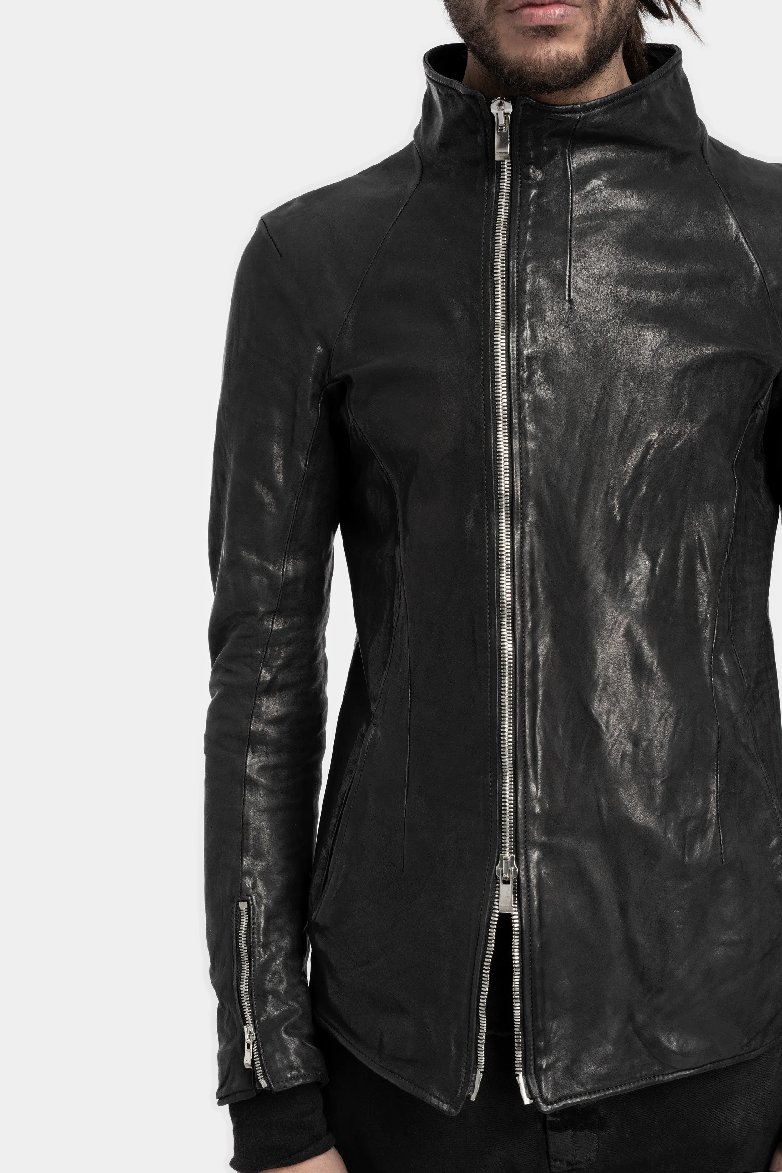 High neck off center zip calf leather jacket