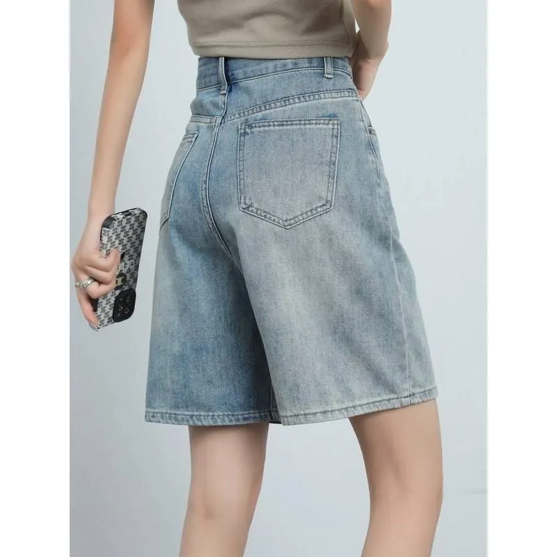 High Waist Knee Length Denim Shorts for Women