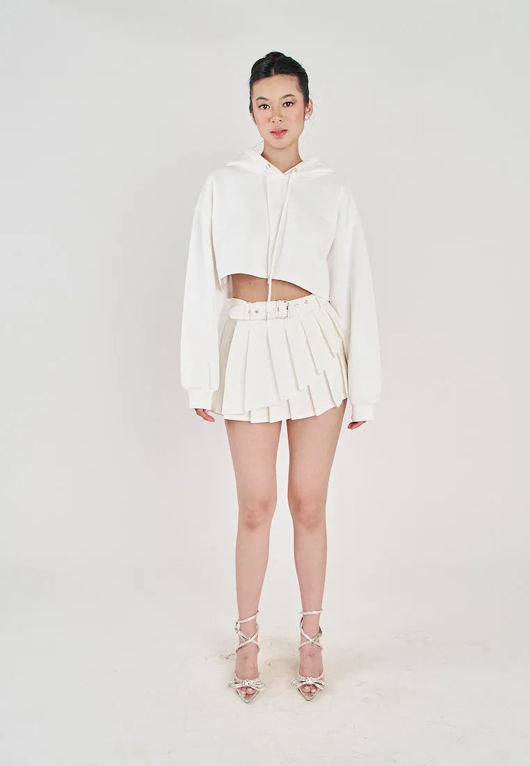 Hirro White Pleated asymmetrical Front Detail with Belt Mini Skirt