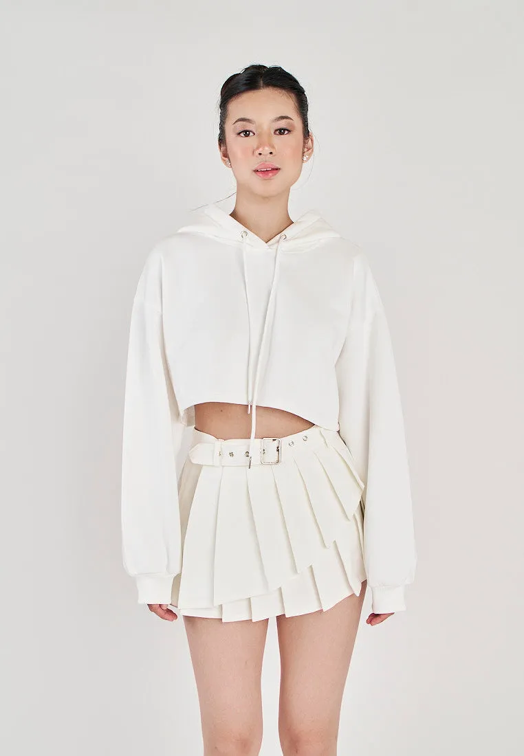 Hirro White Pleated asymmetrical Front Detail with Belt Mini Skirt
