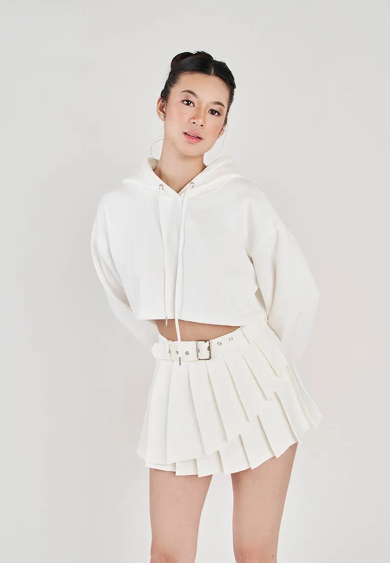 Hirro White Pleated asymmetrical Front Detail with Belt Mini Skirt