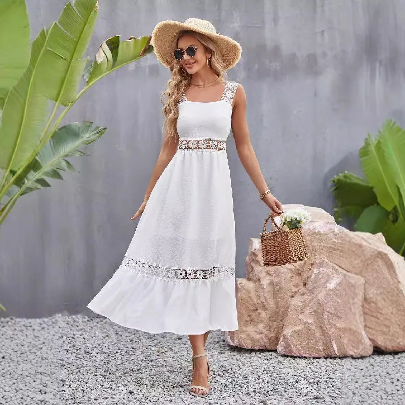 Hollow Lace Stitching Square Neck Sleeveless Cami Dresses Wholesale Womens Clothing N3824082900032