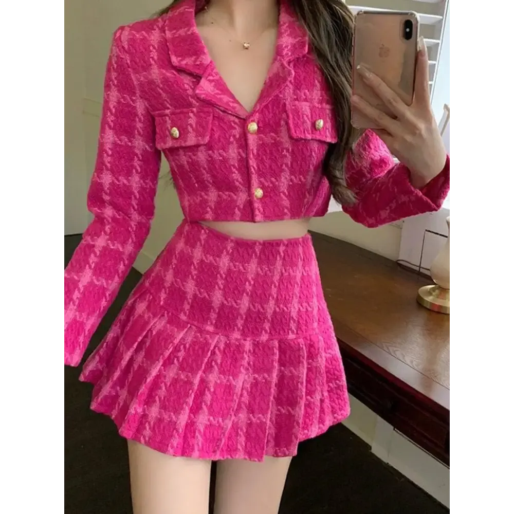 Hot Pink Cropped Jacket and Pleated Mini Skirt Two Piece Set