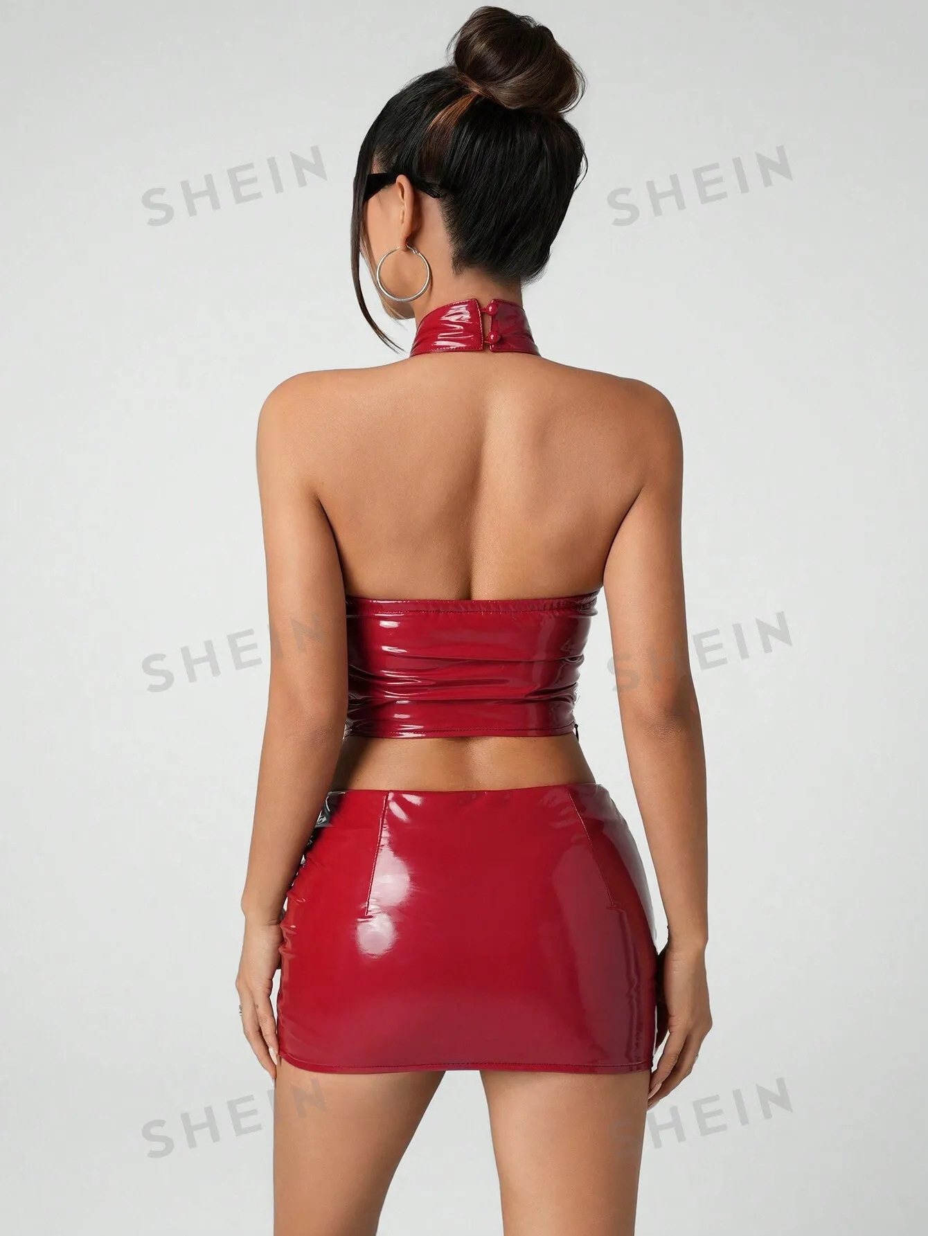 ICON Valentine's Day 2pcs Set: High Neck Pleated Halter Crop Top And PU Low Waist Mini Skirt