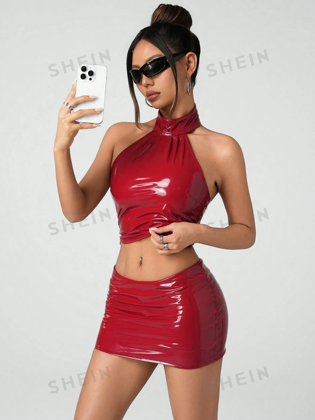 ICON Valentine's Day 2pcs Set: High Neck Pleated Halter Crop Top And PU Low Waist Mini Skirt