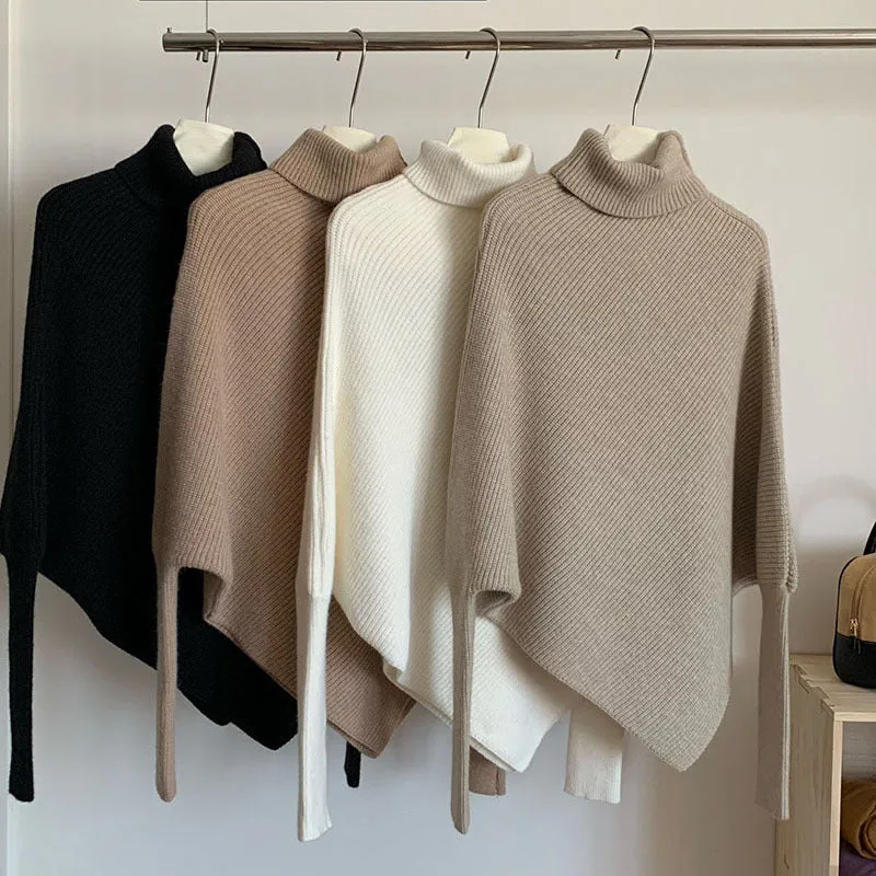 Irregular Pullover Turtleneck Sweater for Women, Lazy Style in Autumn and Winter, High-Quality Loose Outerwear, Soft and Thick Knitted Sweater. C-241104-1