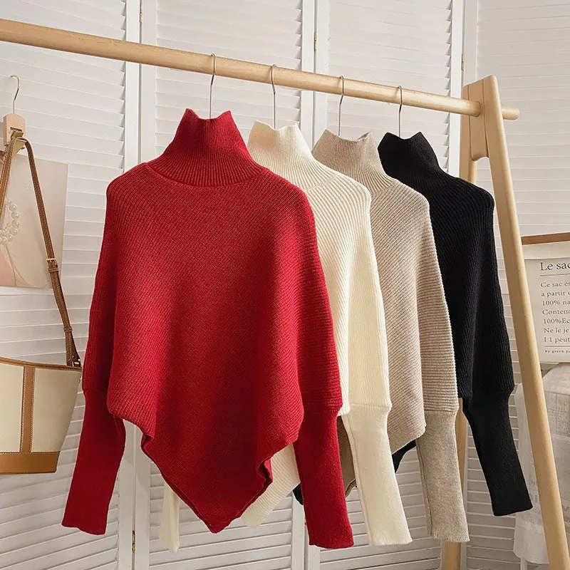 Irregular Pullover Turtleneck Sweater for Women, Lazy Style in Autumn and Winter, High-Quality Loose Outerwear, Soft and Thick Knitted Sweater. C-241104-1