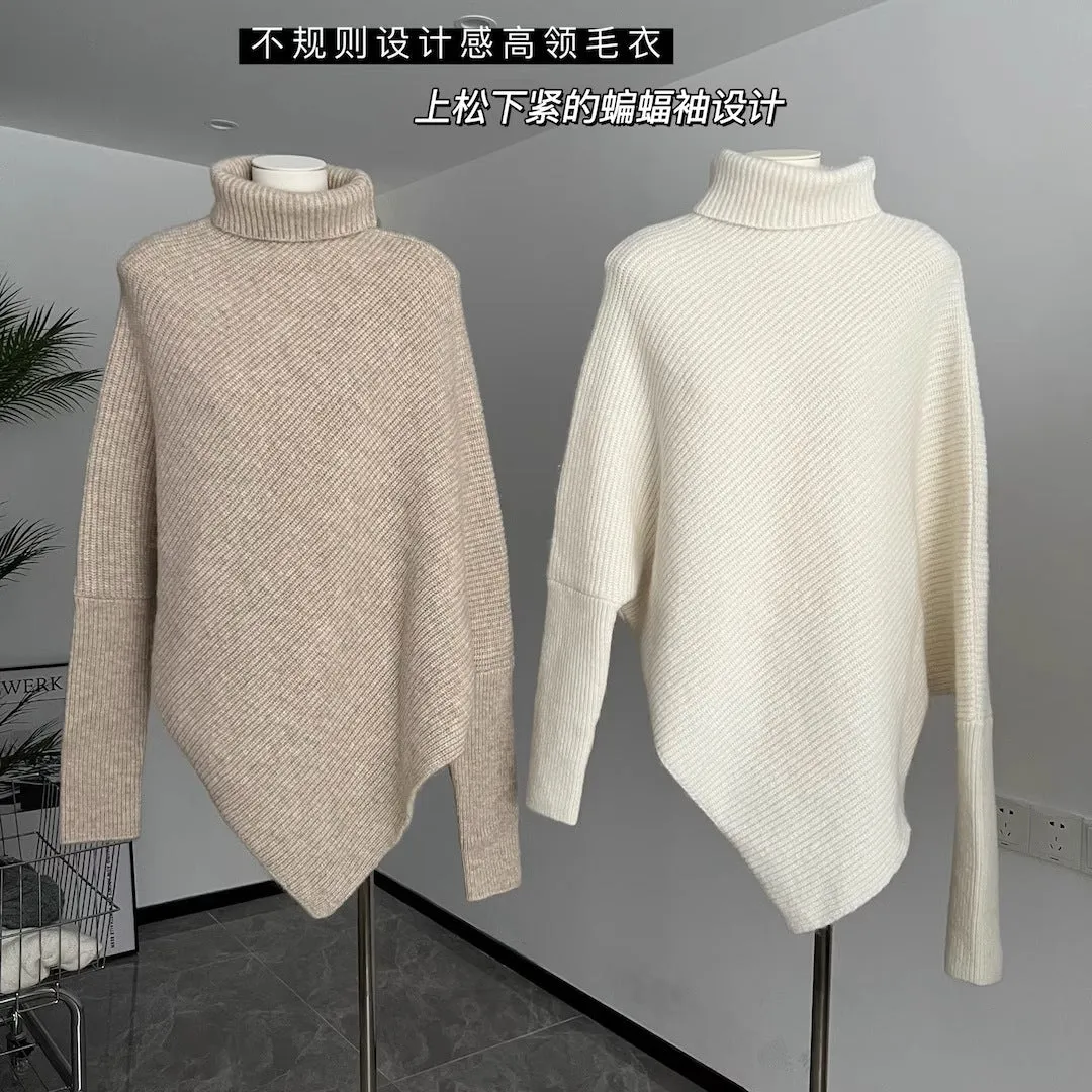 Irregular Pullover Turtleneck Sweater for Women, Lazy Style in Autumn and Winter, High-Quality Loose Outerwear, Soft and Thick Knitted Sweater. C-241104-1