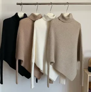 Irregular Pullover Turtleneck Sweater for Women, Lazy Style in Autumn and Winter, High-Quality Loose Outerwear, Soft and Thick Knitted Sweater. C-241104-1