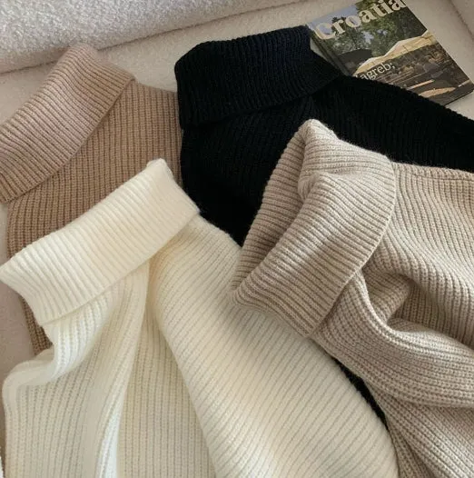 Irregular Pullover Turtleneck Sweater for Women, Lazy Style in Autumn and Winter, High-Quality Loose Outerwear, Soft and Thick Knitted Sweater. C-241104-1