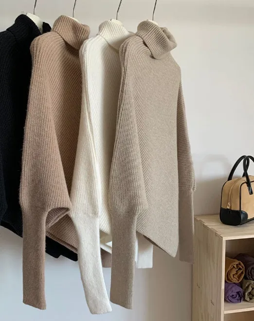 Irregular Pullover Turtleneck Sweater for Women, Lazy Style in Autumn and Winter, High-Quality Loose Outerwear, Soft and Thick Knitted Sweater. C-241104-1