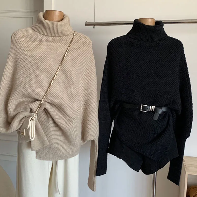 Irregular Pullover Turtleneck Sweater for Women, Lazy Style in Autumn and Winter, High-Quality Loose Outerwear, Soft and Thick Knitted Sweater. C-241104-1