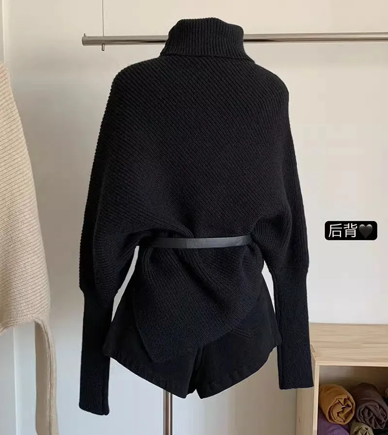Irregular Pullover Turtleneck Sweater for Women, Lazy Style in Autumn and Winter, High-Quality Loose Outerwear, Soft and Thick Knitted Sweater. C-241104-1