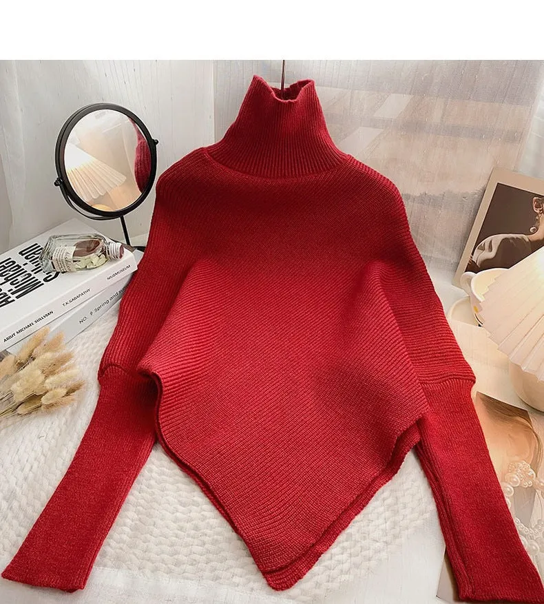 Irregular Pullover Turtleneck Sweater for Women, Lazy Style in Autumn and Winter, High-Quality Loose Outerwear, Soft and Thick Knitted Sweater. C-241104-1