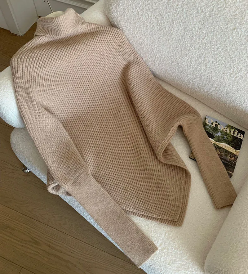 Irregular Pullover Turtleneck Sweater for Women, Lazy Style in Autumn and Winter, High-Quality Loose Outerwear, Soft and Thick Knitted Sweater. C-241104-1