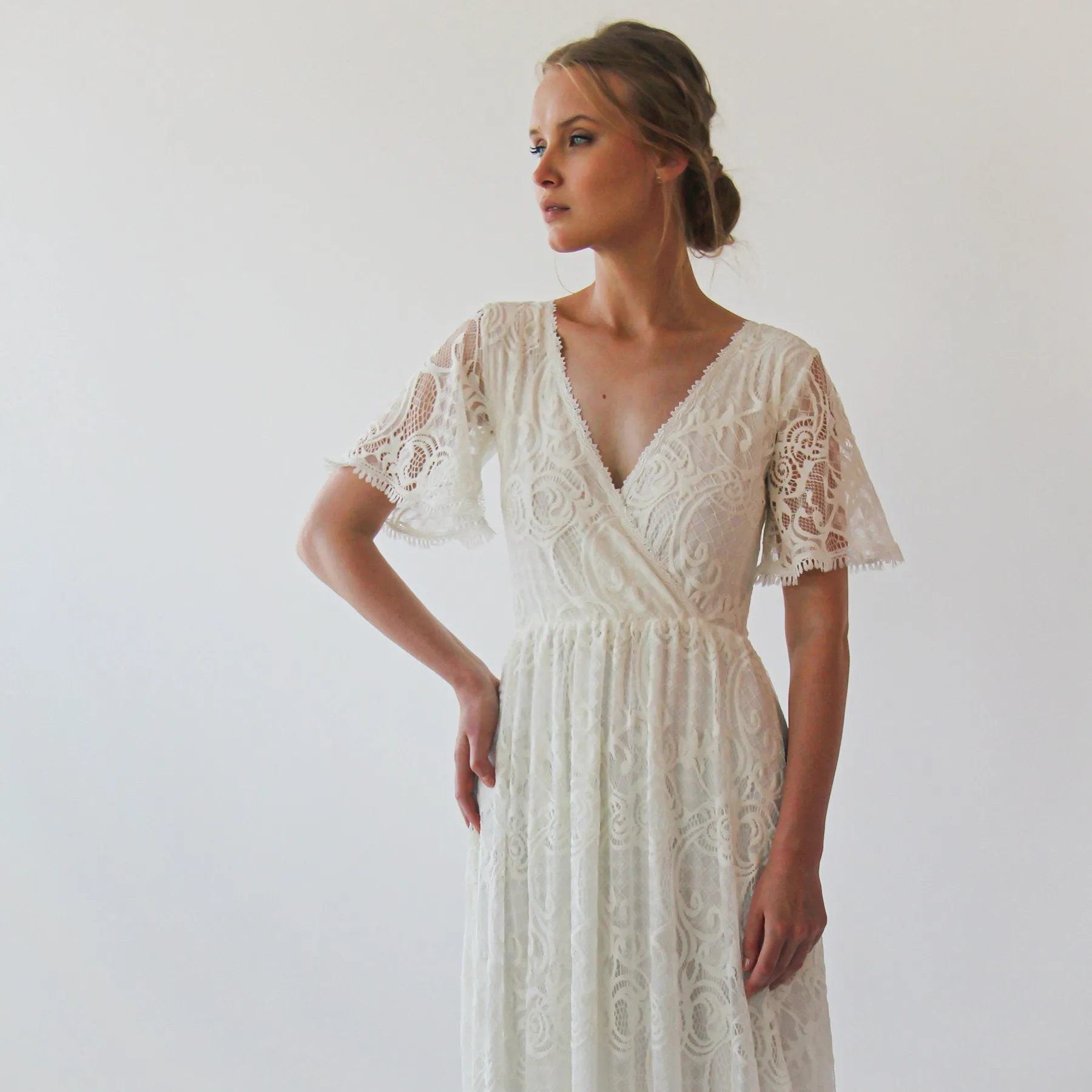 Ivory Wrap lace bohemian wedding dress with pockets and train #1423