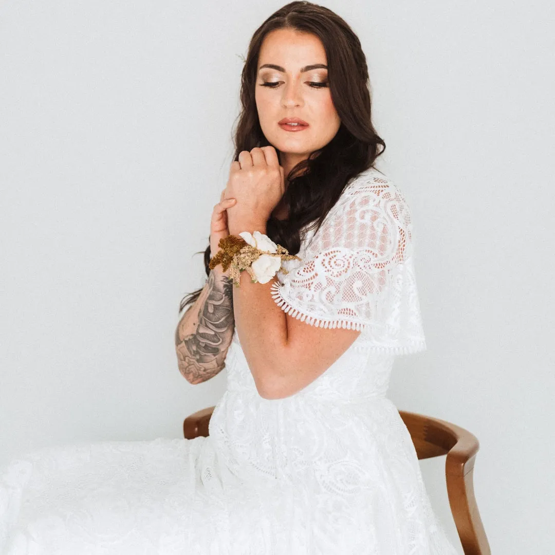 Ivory Wrap lace bohemian wedding dress with pockets and train #1423