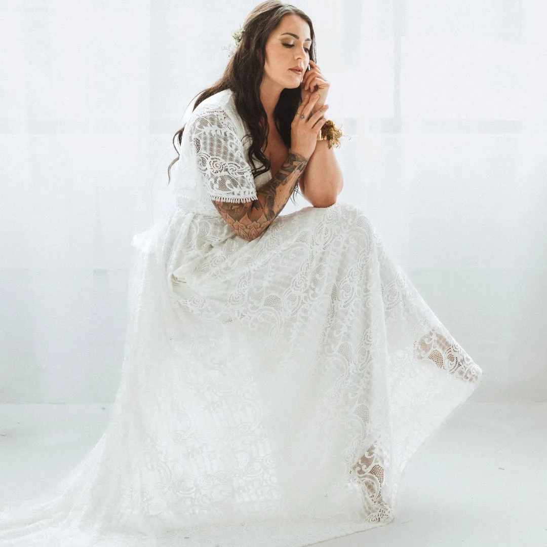 Ivory Wrap lace bohemian wedding dress with pockets and train #1423