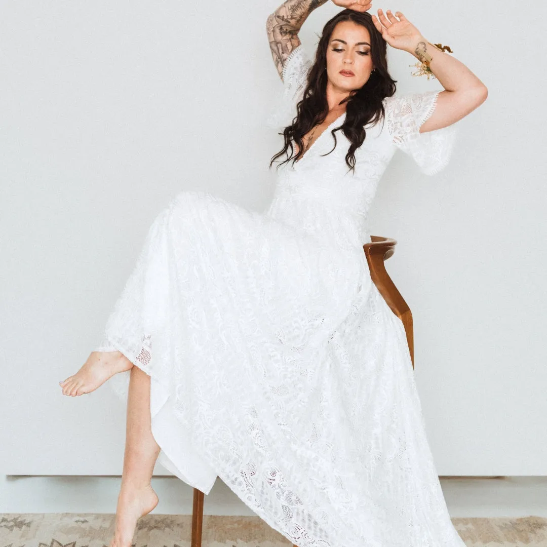 Ivory Wrap lace bohemian wedding dress with pockets and train #1423