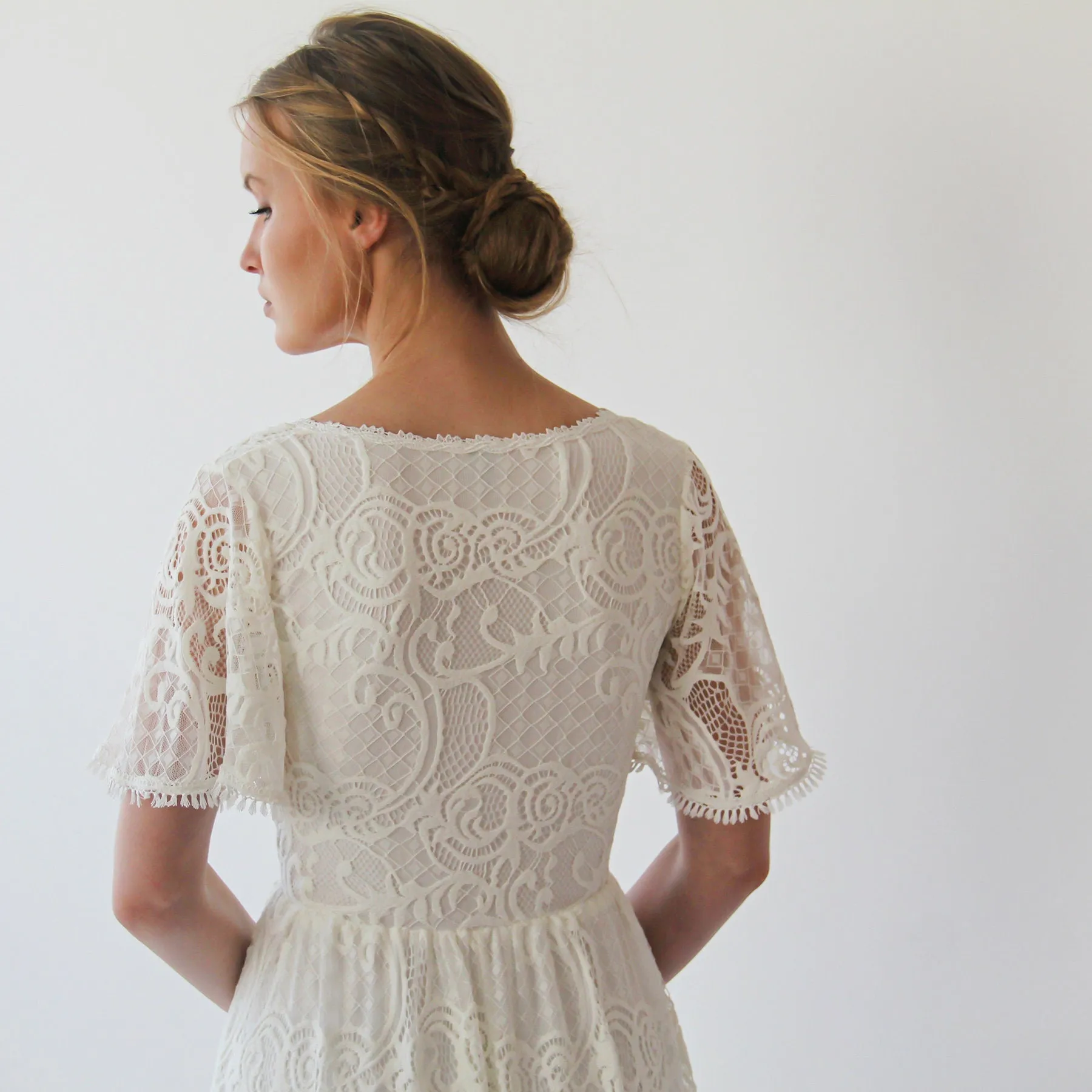 Ivory Wrap lace bohemian wedding dress with pockets and train #1423