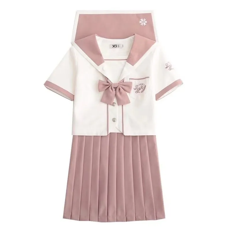 Japanese Pink Sailor Uniforms Pleated Skirt Sets