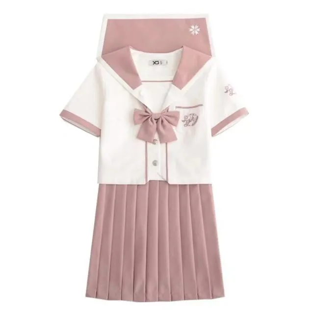 Japanese Pink Sailor Uniforms Pleated Skirt Sets