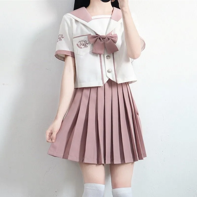 Japanese Pink Sailor Uniforms Pleated Skirt Sets