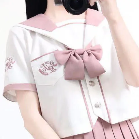 Japanese Pink Sailor Uniforms Pleated Skirt Sets