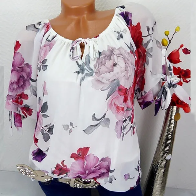 JAYCOSIN Plus Size Women Short Sleeve Blouse Print Off Shoulder Blouse Pullover Tops Stylish Loose Lady Shirt