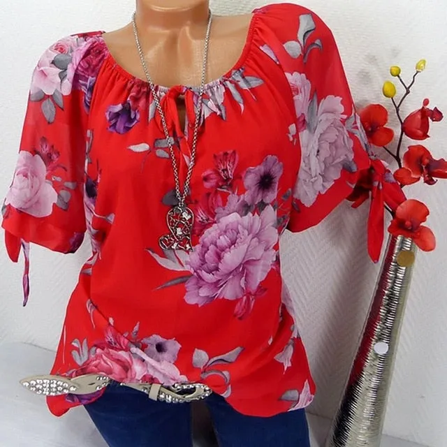 JAYCOSIN Plus Size Women Short Sleeve Blouse Print Off Shoulder Blouse Pullover Tops Stylish Loose Lady Shirt