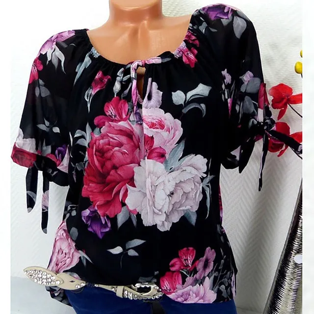 JAYCOSIN Plus Size Women Short Sleeve Blouse Print Off Shoulder Blouse Pullover Tops Stylish Loose Lady Shirt