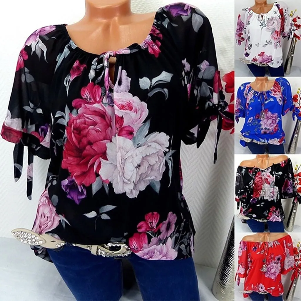 JAYCOSIN Plus Size Women Short Sleeve Blouse Print Off Shoulder Blouse Pullover Tops Stylish Loose Lady Shirt