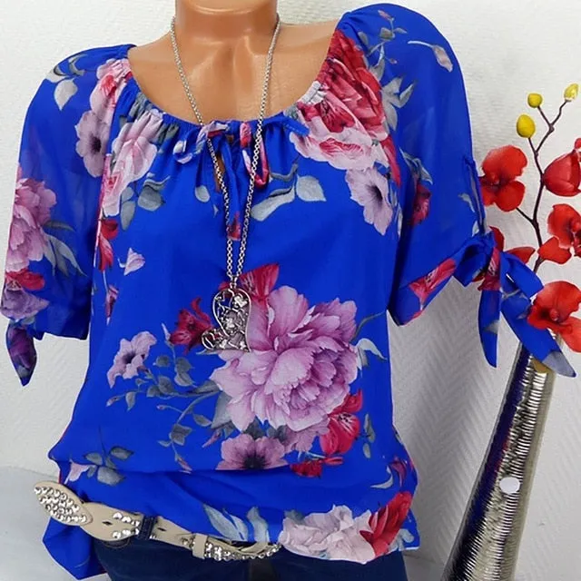 JAYCOSIN Plus Size Women Short Sleeve Blouse Print Off Shoulder Blouse Pullover Tops Stylish Loose Lady Shirt