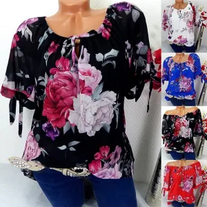 JAYCOSIN Plus Size Women Short Sleeve Blouse Print Off Shoulder Blouse Pullover Tops Stylish Loose Lady Shirt