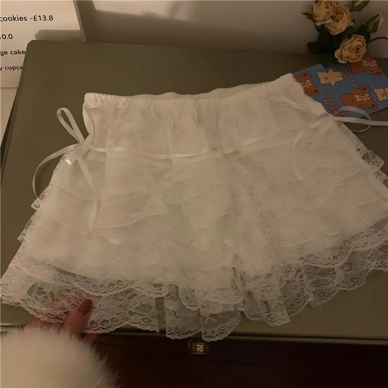 JazzHer Lace Sexy Sweet Summer Skirt Women Clothes High Waist Harajuku White 2000s Kawaii Korea Bow Mini Skirts Y2k Femme Short Skirts