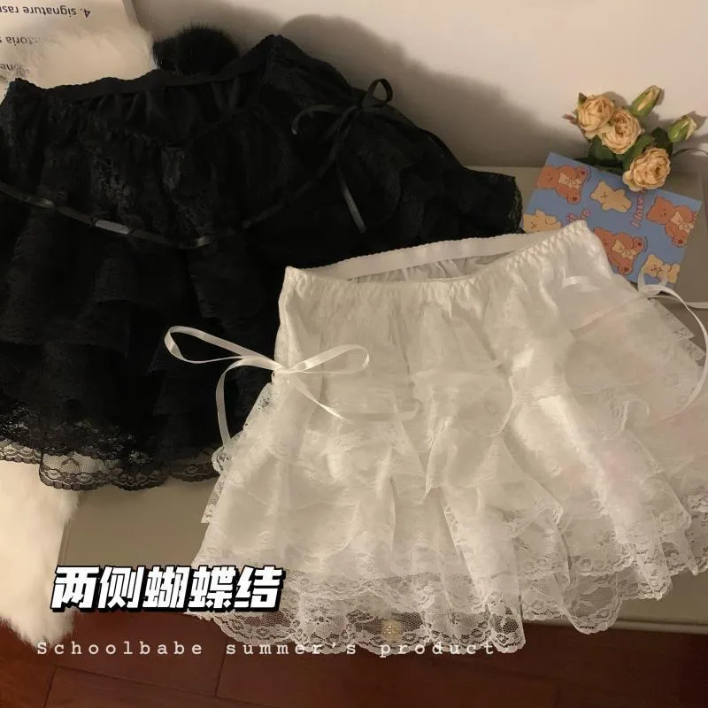 JazzHer Lace Sexy Sweet Summer Skirt Women Clothes High Waist Harajuku White 2000s Kawaii Korea Bow Mini Skirts Y2k Femme Short Skirts