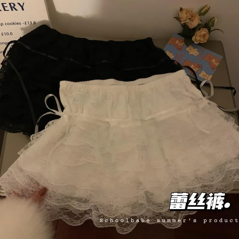 JazzHer Lace Sexy Sweet Summer Skirt Women Clothes High Waist Harajuku White 2000s Kawaii Korea Bow Mini Skirts Y2k Femme Short Skirts