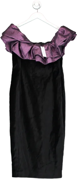Karen Millen Black Jacquard Contrast Ruffle Bardot Midi Dress UK 10