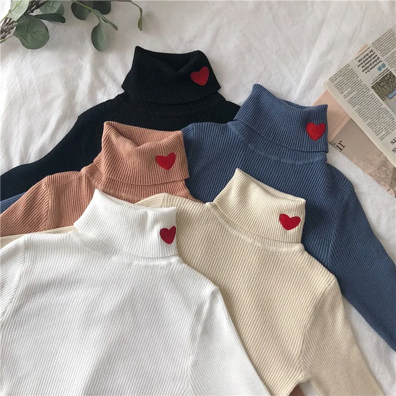 Kawaii Turtleneck Heart Embroidered Sweater