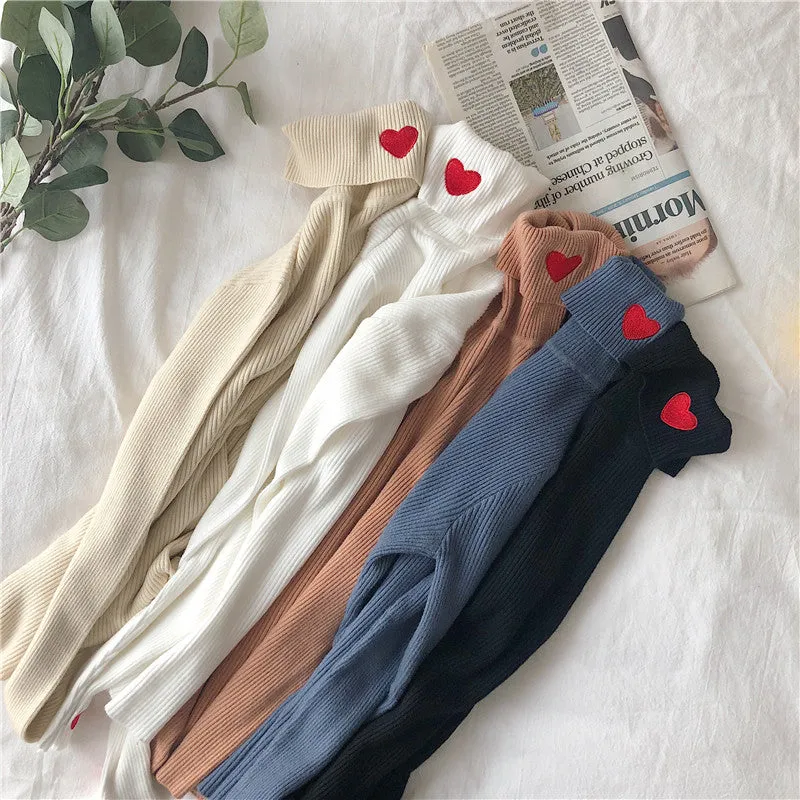 Kawaii Turtleneck Heart Embroidered Sweater