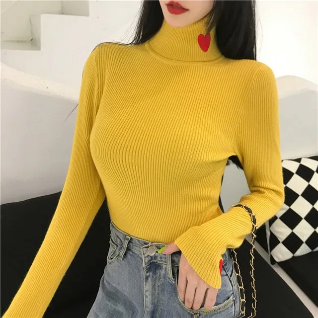 Kawaii Turtleneck Heart Embroidered Sweater