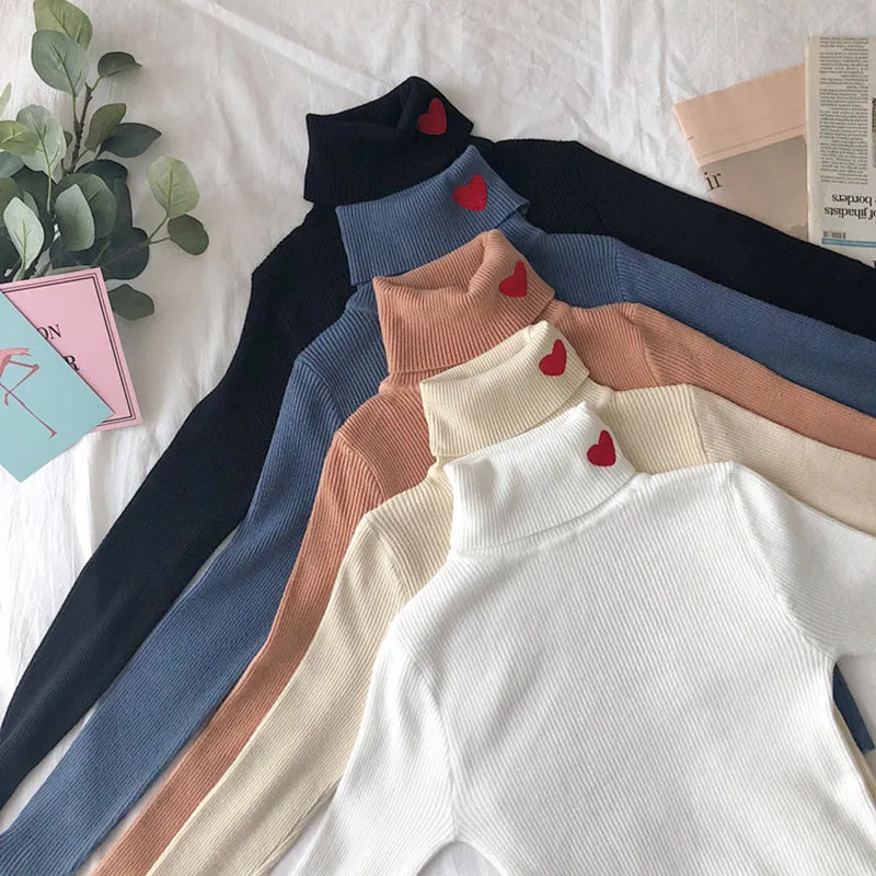 Kawaii Turtleneck Heart Embroidered Sweater