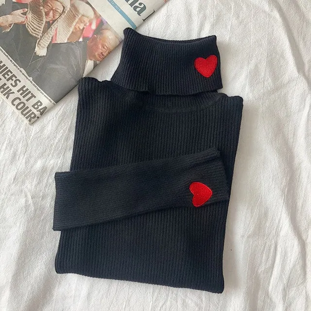 Kawaii Turtleneck Heart Embroidered Sweater
