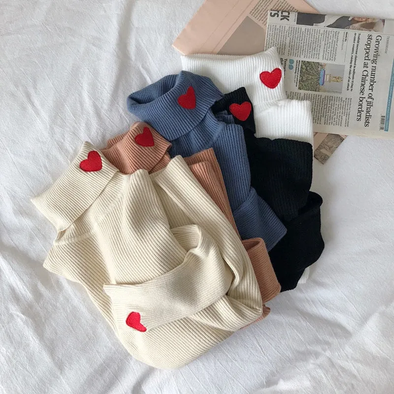 Kawaii Turtleneck Heart Embroidered Sweater