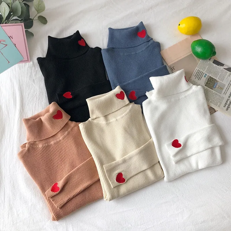 Kawaii Turtleneck Heart Embroidered Sweater
